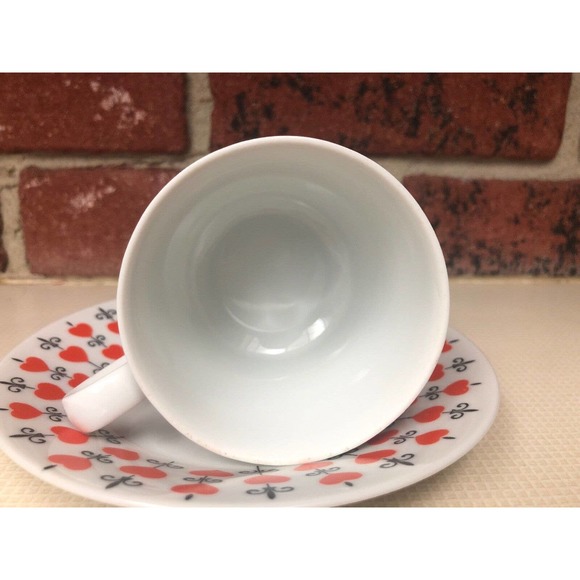 Retro Tea Cup and Saucer Set Fleur De Lis Relpo White with Red Hearts Black - Picture 6 of 9